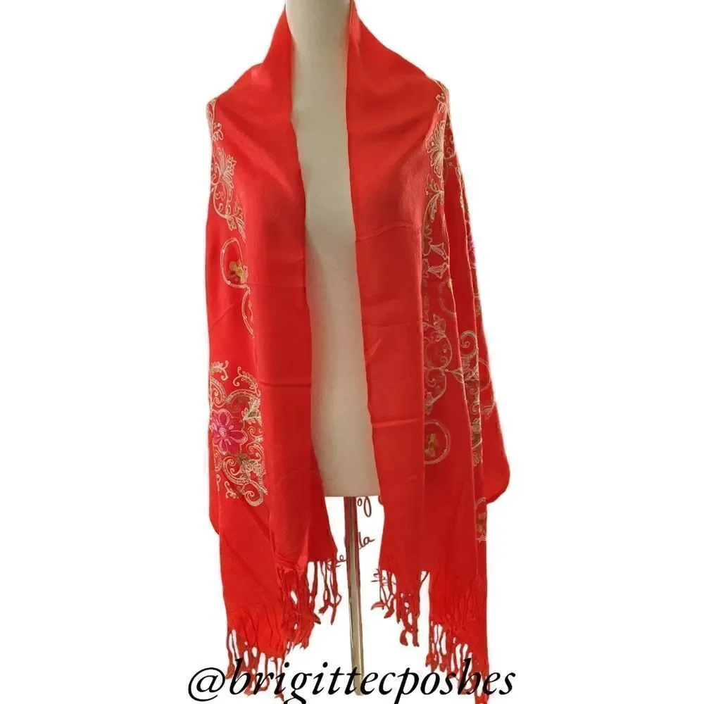 HANDMADE Embroidered Sequined Designed Red Shawl